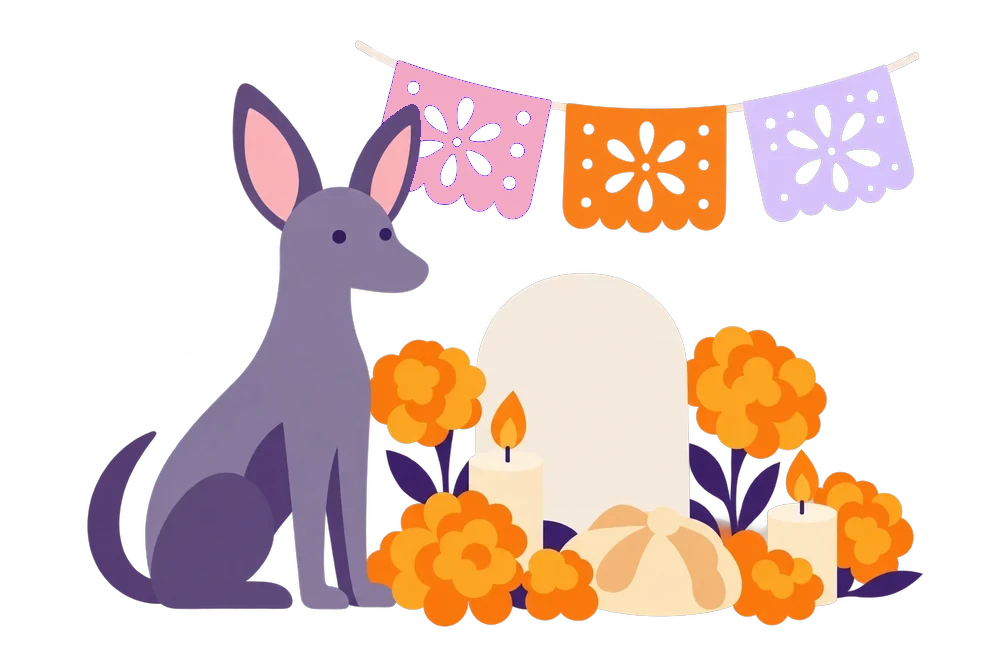 Ofrenda de Día de Muertos con la lápida del depósito y un xolo
